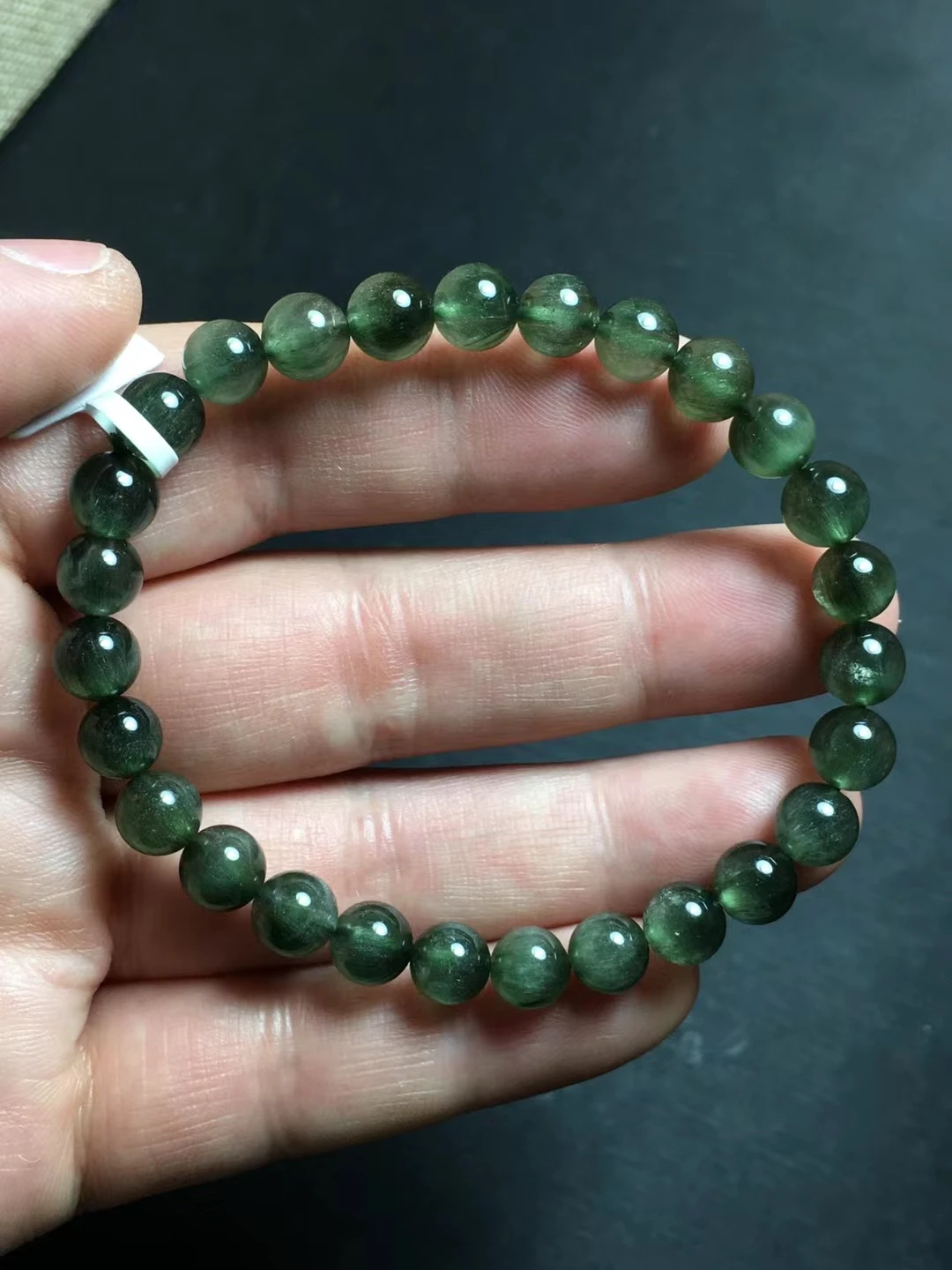 

Brazil Natural Green Rutilated Quartz Cat Eye Bracelet 7.3mm Stretch Crystal Fashion Round Beads AAAAA