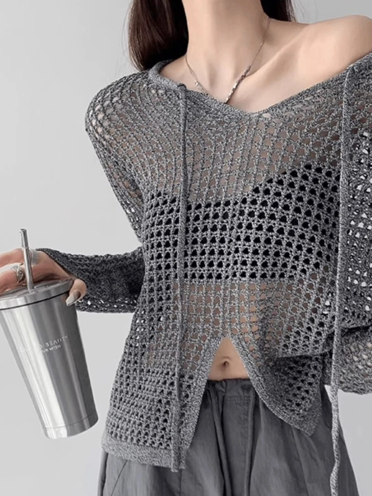 AOSSVIAO Korean Style 2026 Summer Tops Loose Hollow Out Knit Long Sleeve Women T-Shirt Split Sun Protection Cover Up Trendy Tee