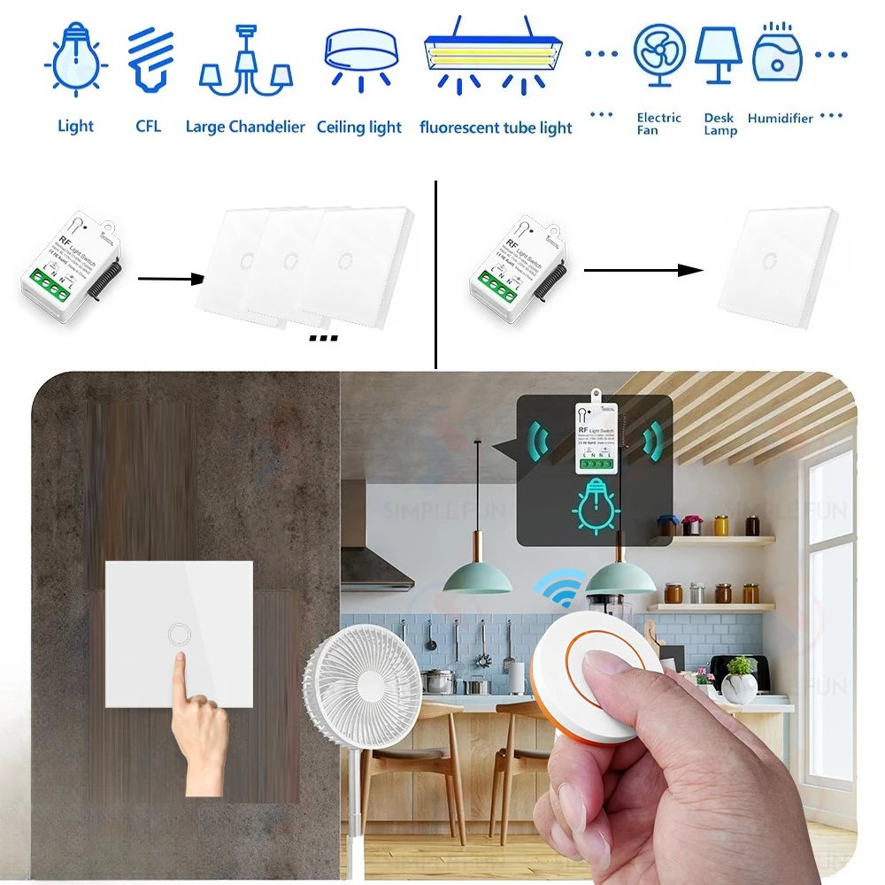 Bezprzewodowy panel dotykowy RF433Mhz do inteligentnego domu, mini odbiornik przekaźnikowy AC110V 220V do urządzeń domowych, lamp LED, wentylatorów, telewizorów. — zdjęcie produktu 3
