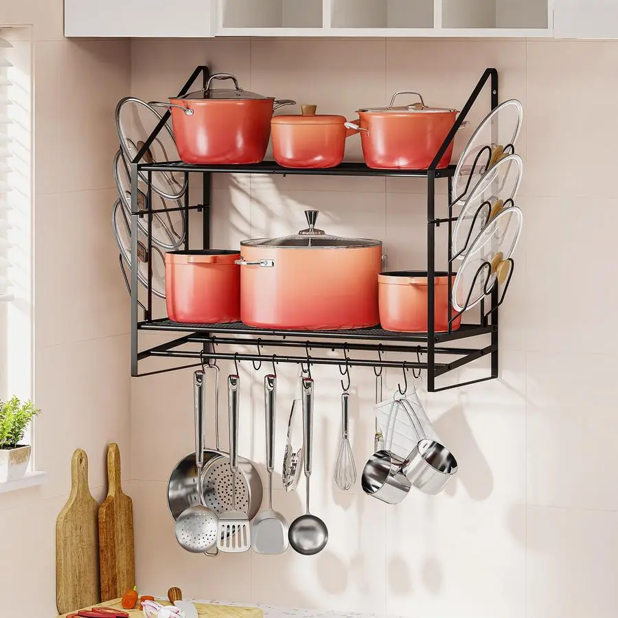 

Pot Rack Wall Mounted, 2Tier Pots and Pans Hanger with 12 Hooks, Pot and Pan Hanging Rack for Wall, 6 Pot Lid Holders, HeavyDuty