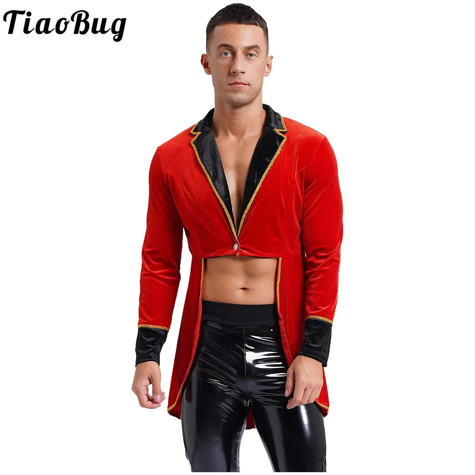 Mens Velvet Swallow-Tailed Coat Showman Circus Halloween Carnival Cosplay Party Costume Long Sleeve Lapel Blazers Jacket