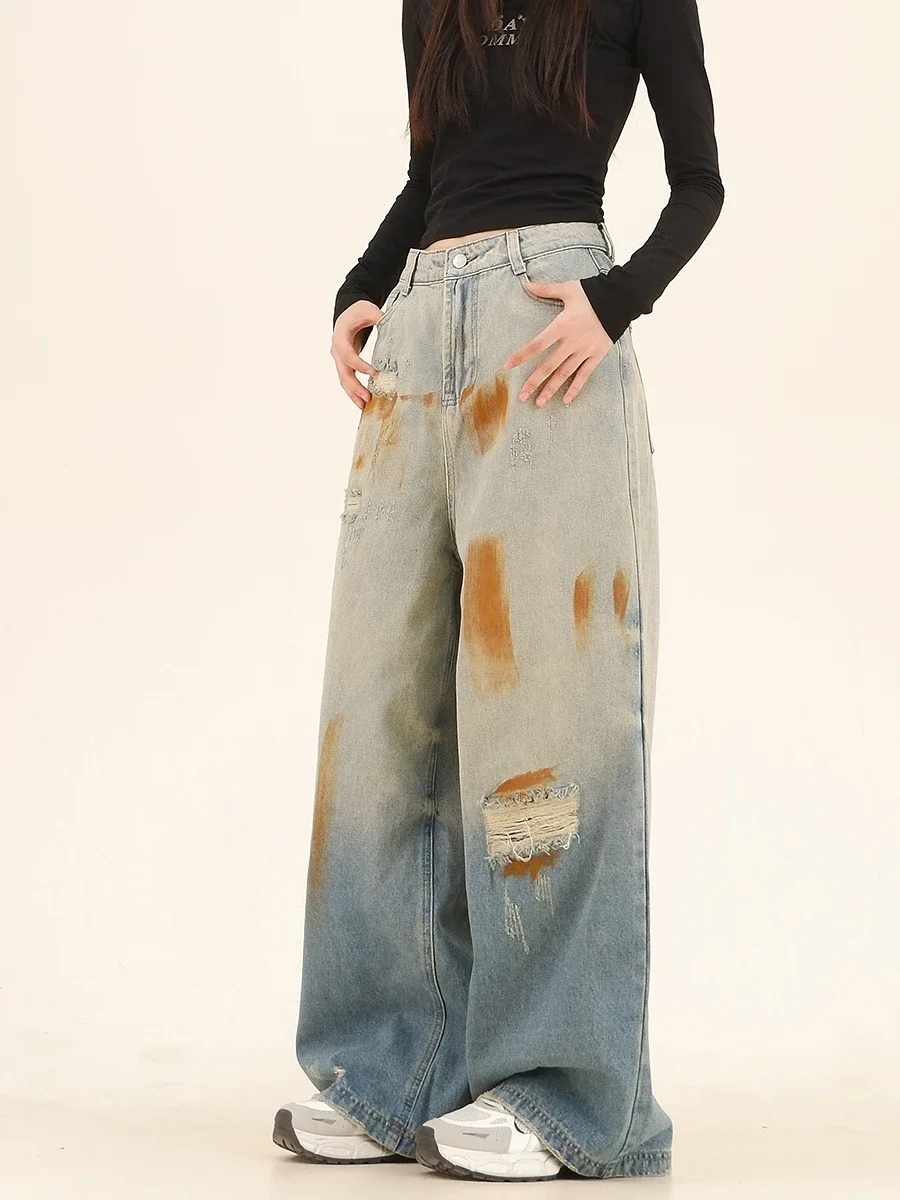 Jeans Troca Graffiti Hole para mulheres, solto, Bf, americano, rua alta, de pernas largas, novo, outono, 2022