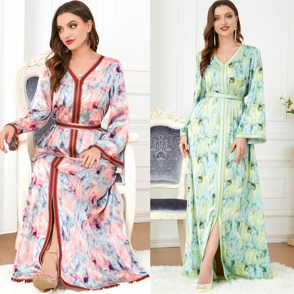 

Floral Print Abaya Arabic Long Dress Women Muslim Moroccan Kaftan Loose Jalabiya Dubai Turkish Modest Dresses Eid Ramadan Caftan