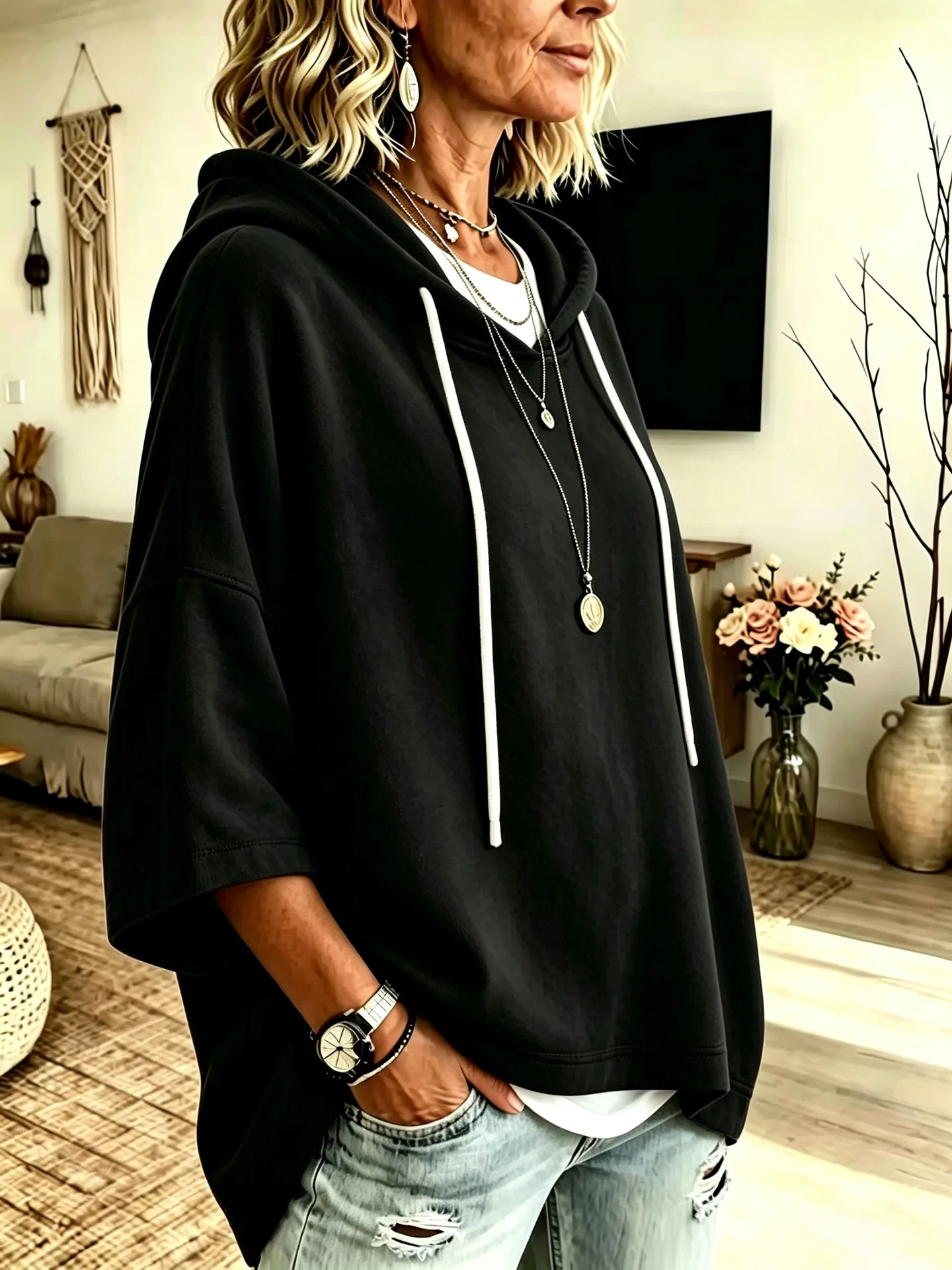 Einfarbiger Damen-Hoodie mit 3/4-Ärmeln, Lässiger Lockerer Pullover für Herbst und Winter – Detail 19