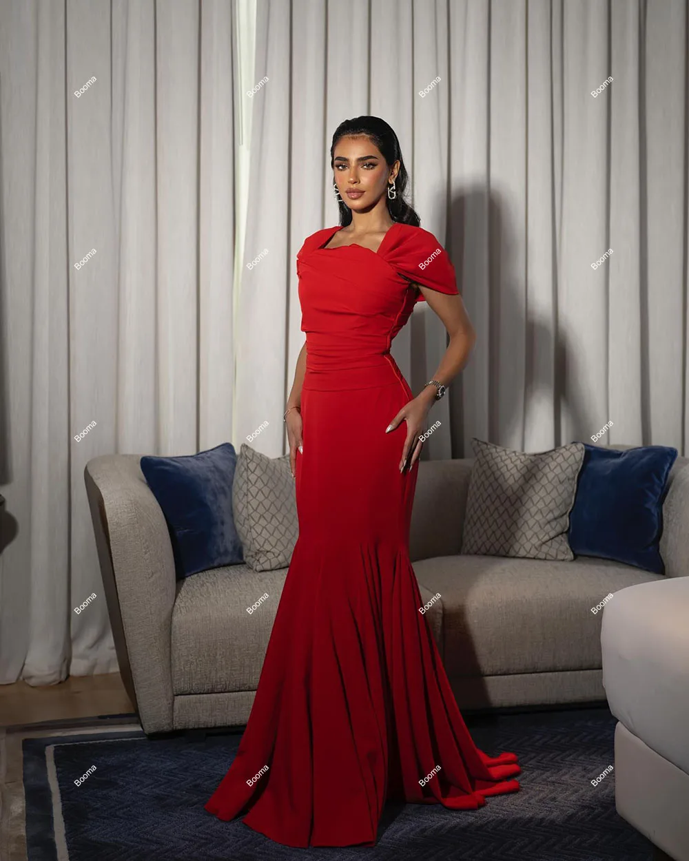 Booma gaun panjang pesta untuk wanita, gaun malam putri duyung elegan warna merah, gaun pesta Formal panjang lipit untuk wanita, gaun pesta Prom punggung terbuka kerah kotak, Gaun Dubai