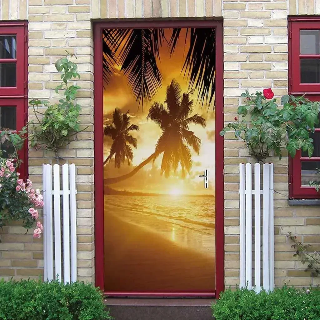 3d Waterfront Sunset Door Decal Ocean Landscape Decal Natural Ocean Landscape Mural Poster Wallpaper Family Bedroom Decoration