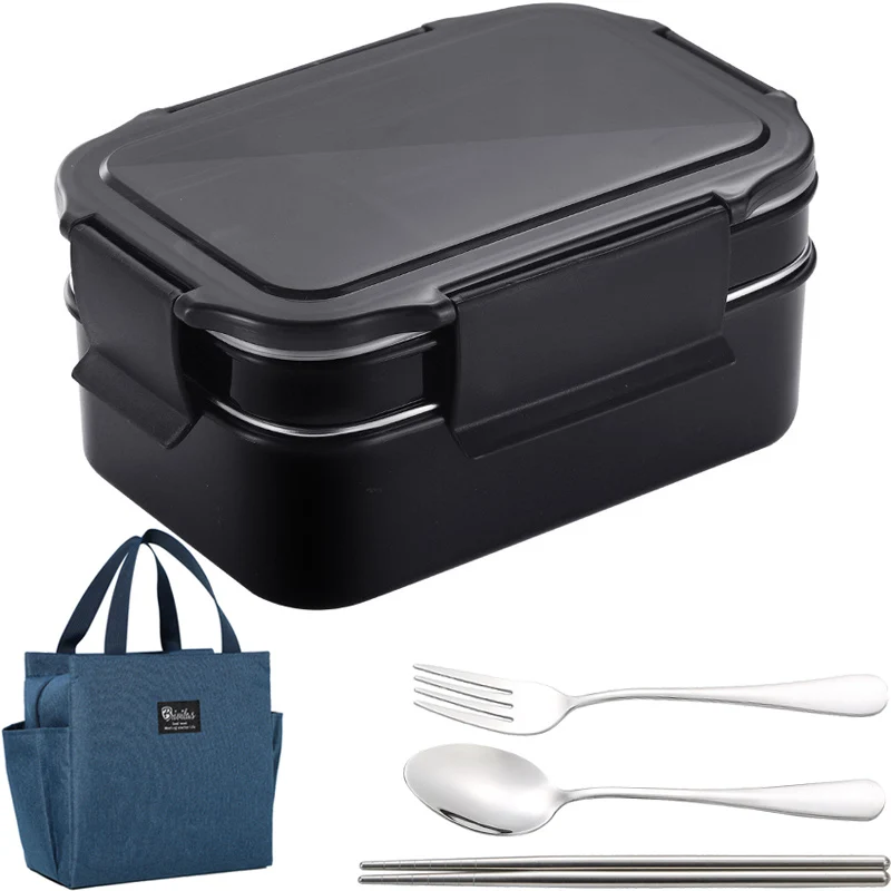 

2 Layer Portable Lunch Box 304 Stainless Steel Kids Aldult Bento Box With Compartment Food Container Leakproof Dinnerware Black