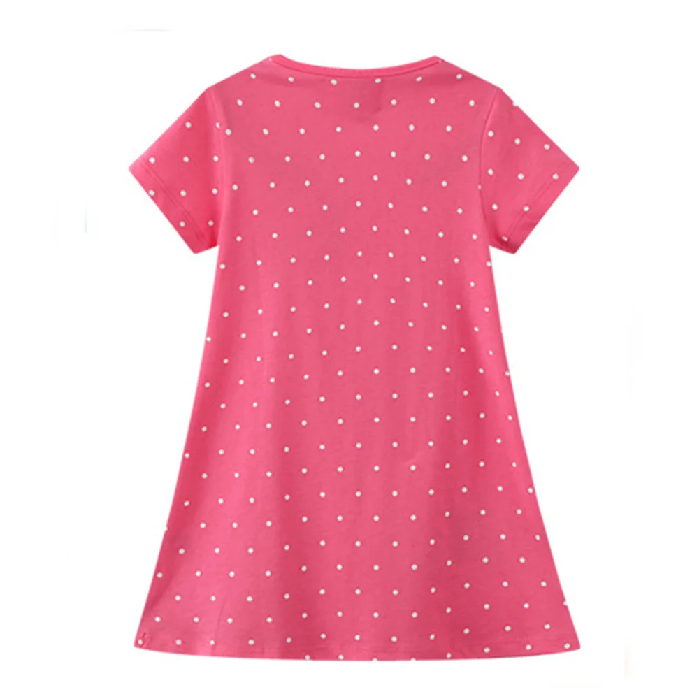 VIKITA 2025 New Kids Summer Short Sleeve Dress Gift Girl Pink Polka Dot Giraffe Zebra Elephants Cartoon Appliqued Straight Dress