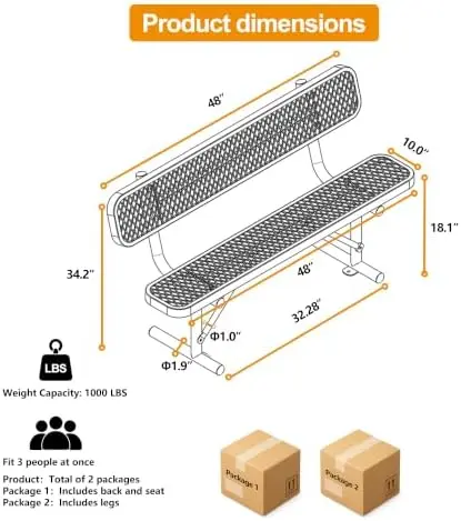 Outdoor Furniture Expanded Metal Bench, Heavy-Duty Park Steel Bench with Backrest, Weatherproof, Commercial-Grade