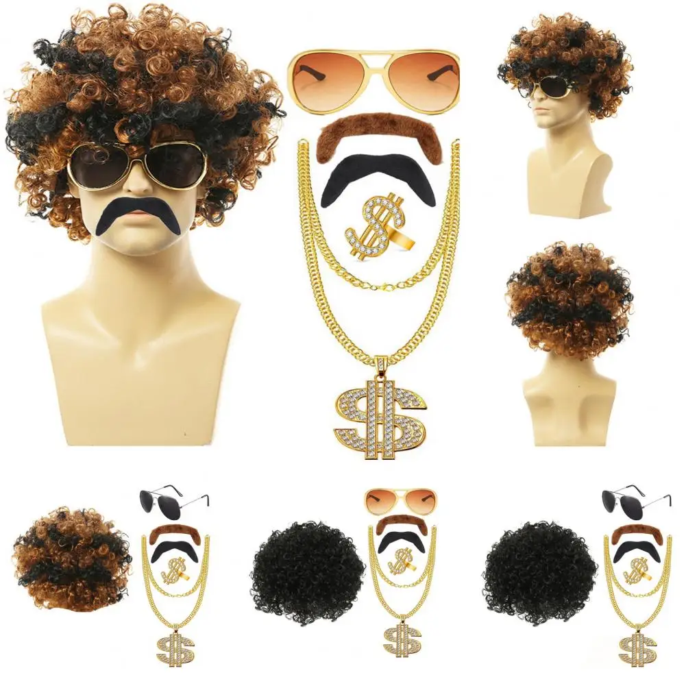 Wig Dress Up Set Necklace Ring Sunglasses Fake Moustache Vintage 80s Cosplay Party Disco Costume Photo Prop Performance Curly Wi