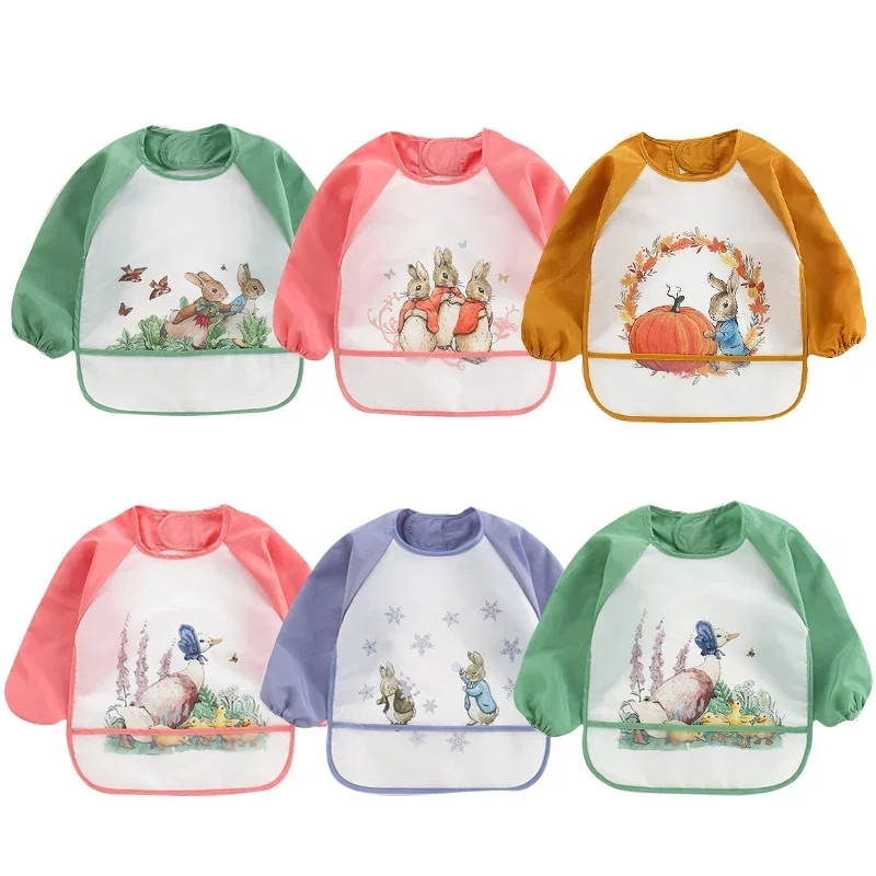 Cute Cartoon Baby Bibs Waterproof Infant Eating Bib with Pocket Children Drawing Long Sleeve Apron Kids Burp Cloth Baby Stuff