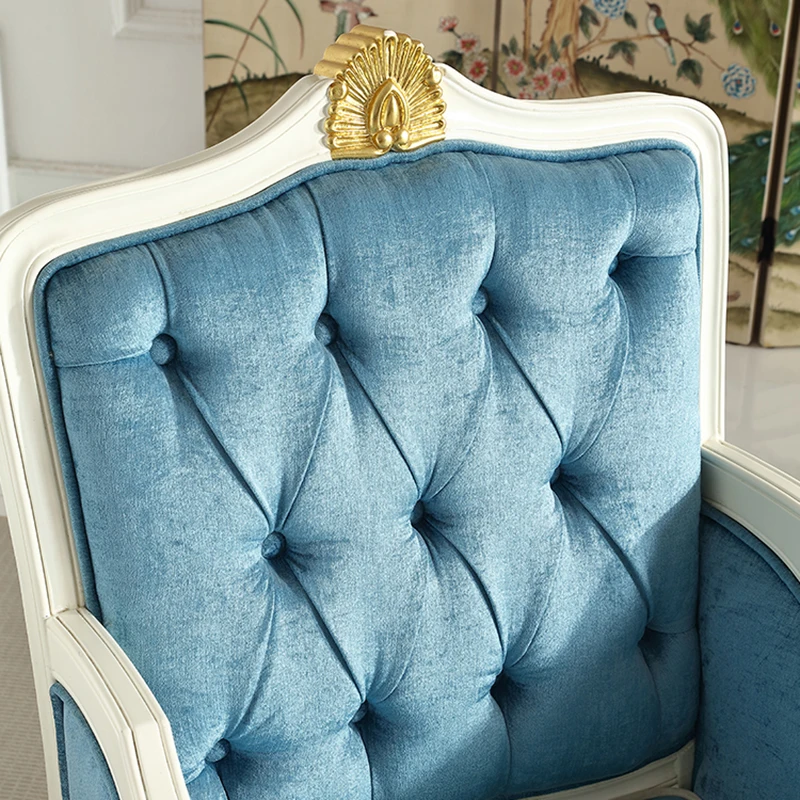 !@Luxury Classic Style Living Room Furniture Vintage Fancy Design Blue Velvet Fabric Armchair Italy Vintage Wood Chair