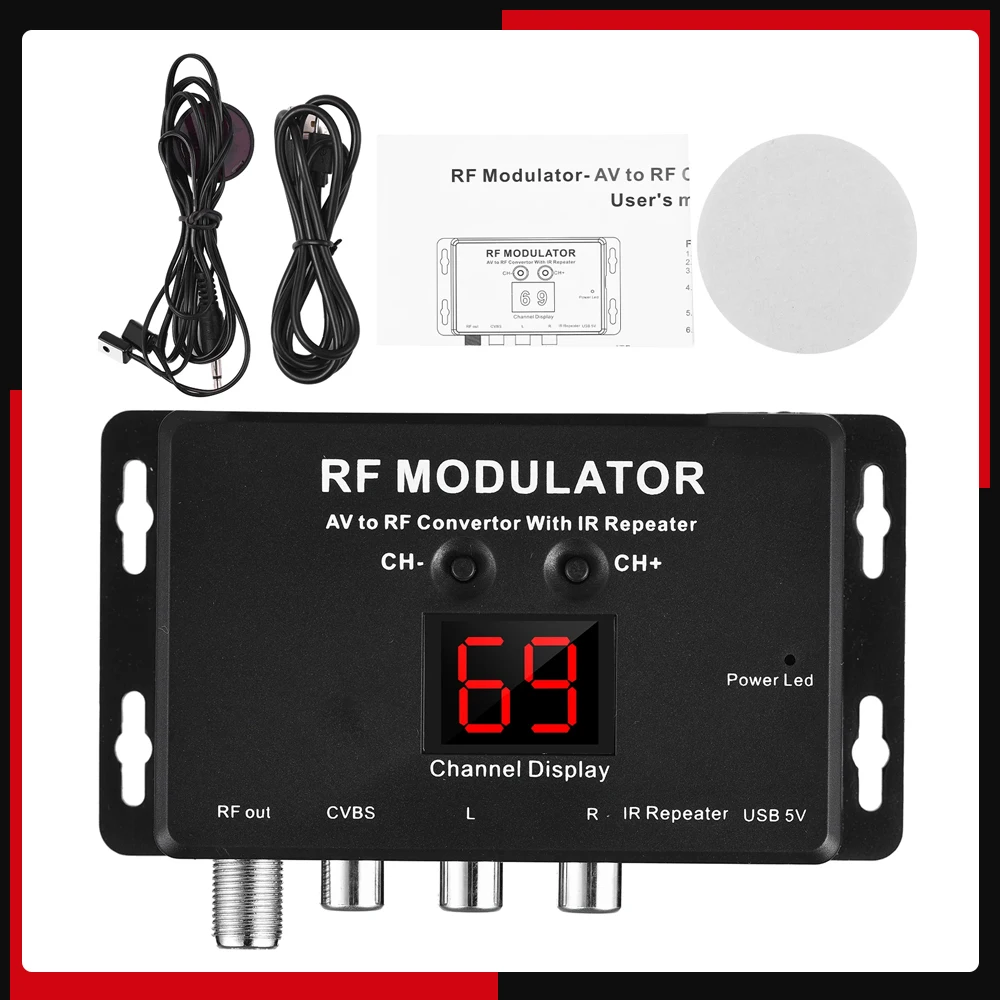 M60IR RF Modulator with IR Repeater AV to RF Converter with IR Repeater To Modulate Audio/Video/signal to RF Signal Over Coaxial