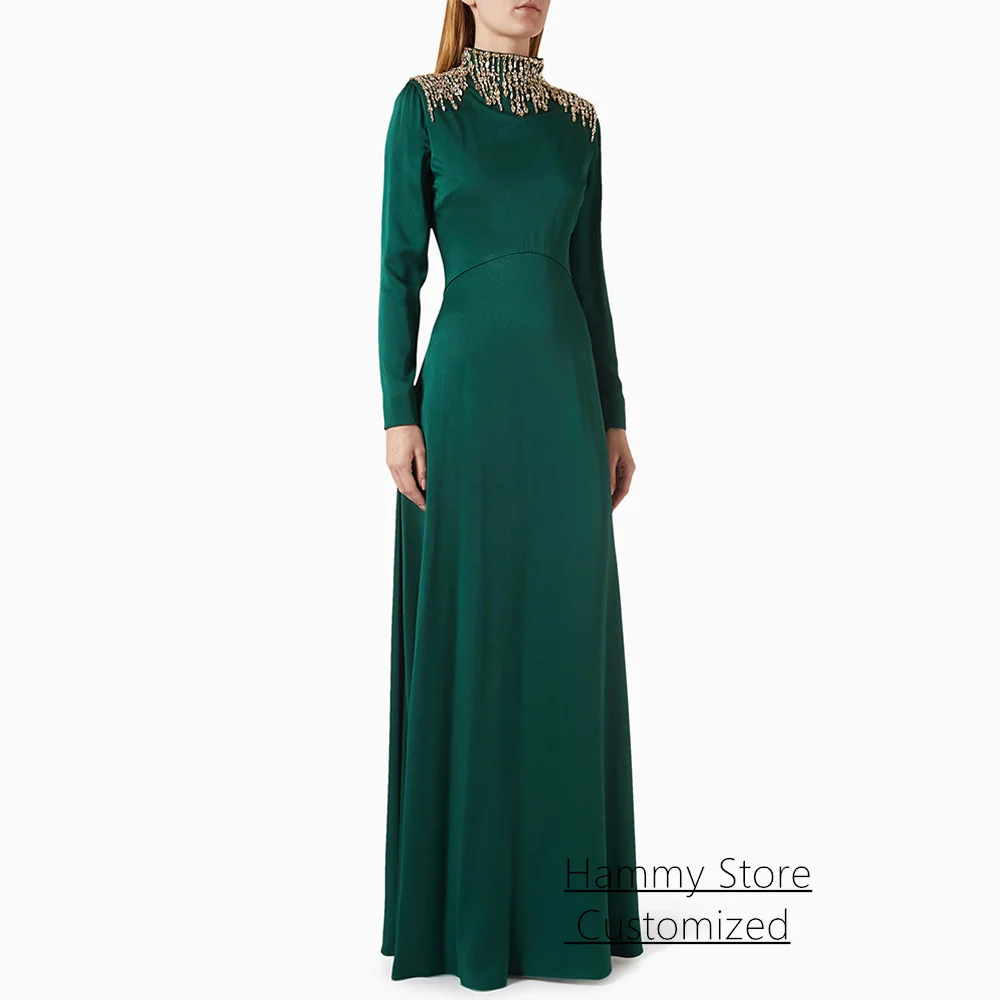 Arabisches Abendkleid, maßgeschneidert, hoher Kragen, lange Ärmel, goldene Steine, A-Linie, bodenlang, Ballkleid, formelle Partykleider
