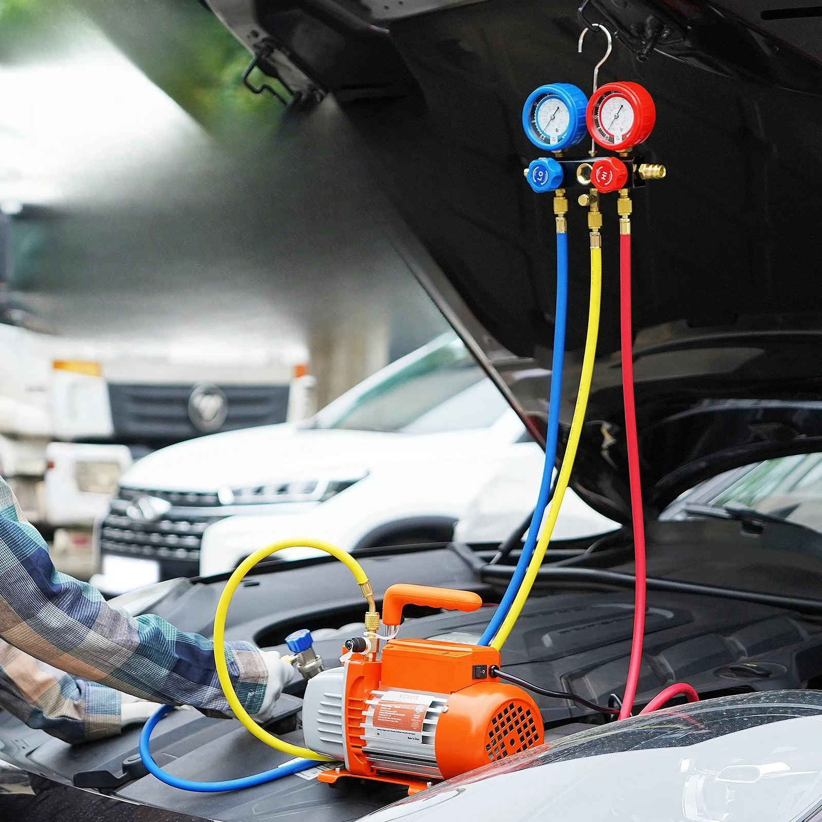 

L 3.5/4CFM Single Stage Rotary Vane HVAC Air AC Vacuum Pump & A/C Refrigerant Kit Manifold Gauge Set For Air Conditioning