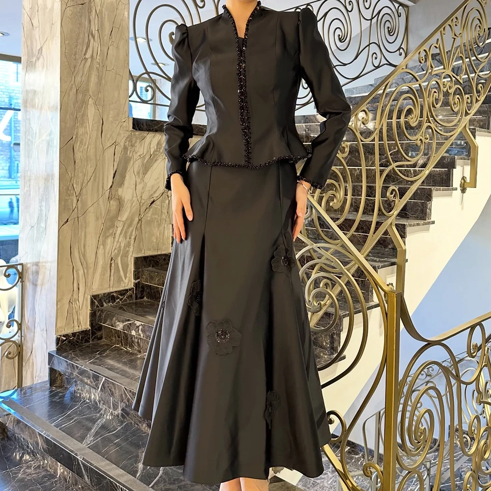 

Customized A-line Evening Dresses Ankle-length V-neck Full Sleeve Prom Gown Fashion Sequined Flowers Simple Draped Party Gown