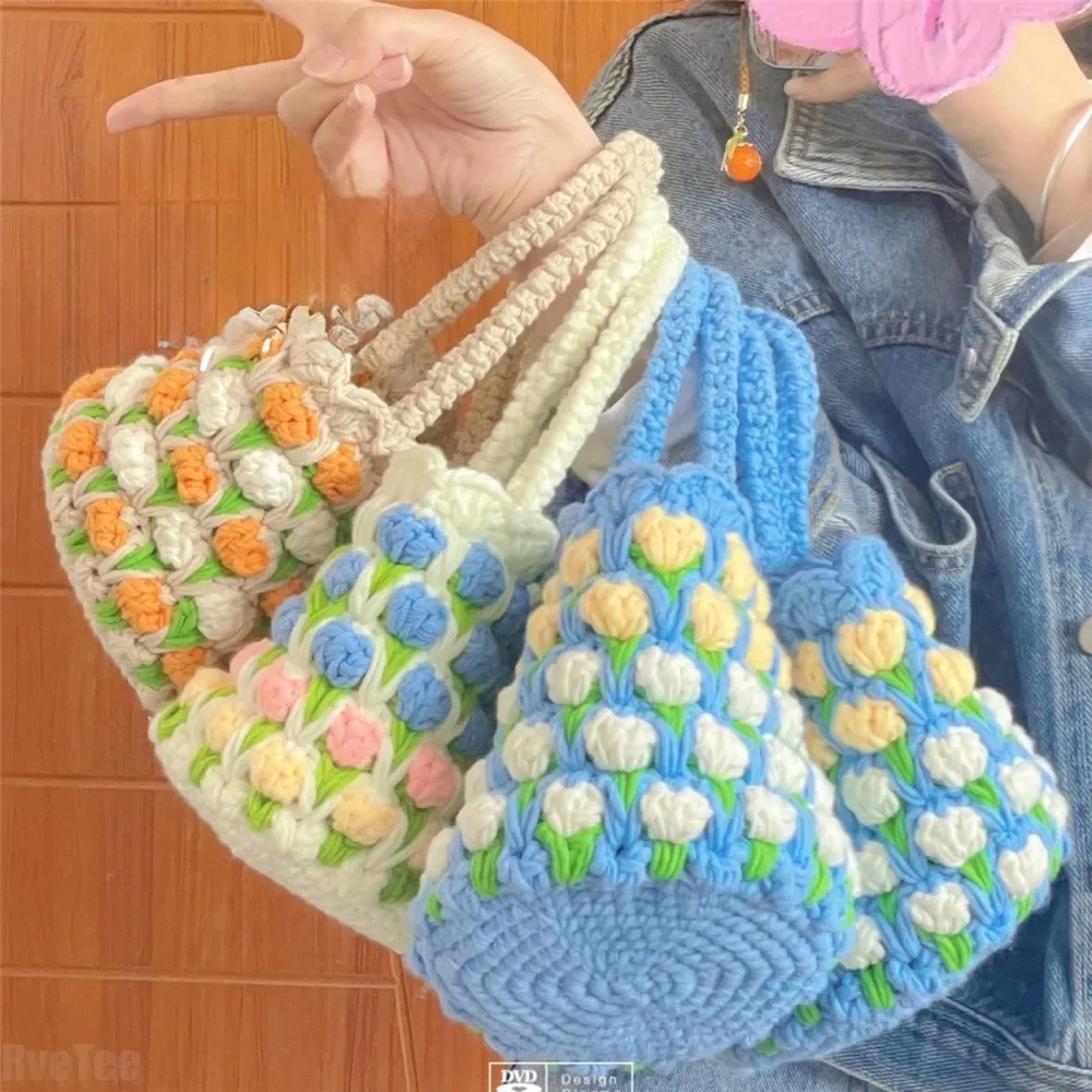 Ins Style Tulip Hand Bag DIY Knitting Wool Handmade Portable Lunch Organizer Pouch for Girls Outside Shopping Picnic Storage