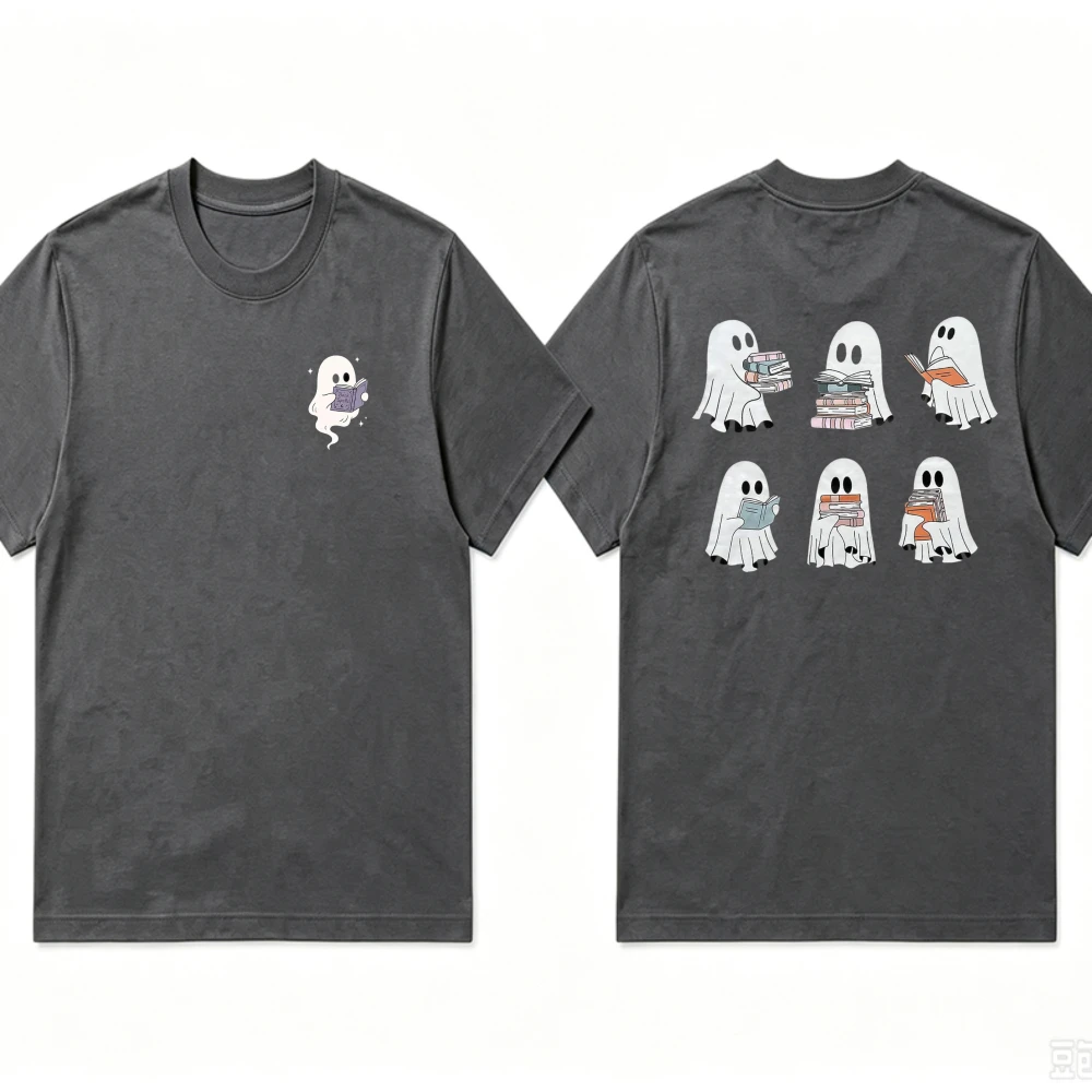 Halloween Reading Ghost Double‑Sided Print T‑Shirt Men Women Cute Book‑Loving Ghost Tees Casual Cotton Top Fall Holiday Gift Tee
