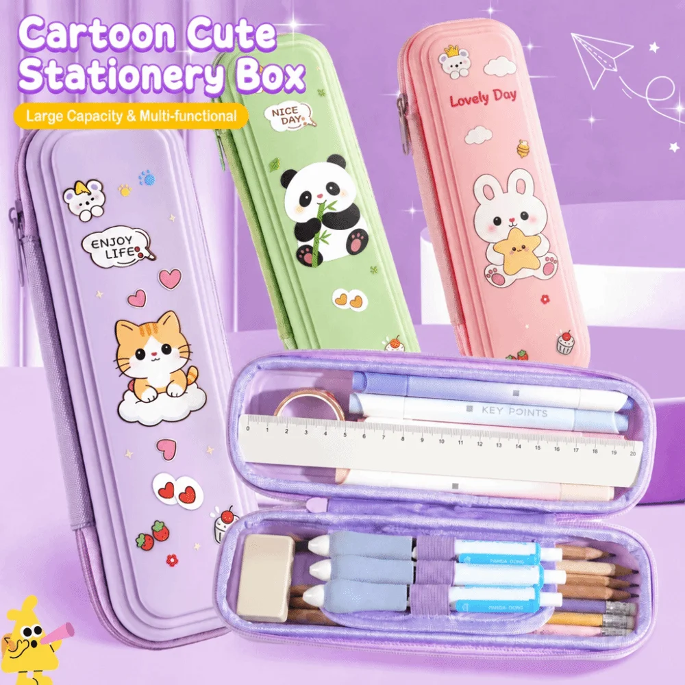 Durable Hard PP Pencil Case Cartoon Print Multi-Layer Stationery Box Lightweight Large Capacity Pen Box School Supplies