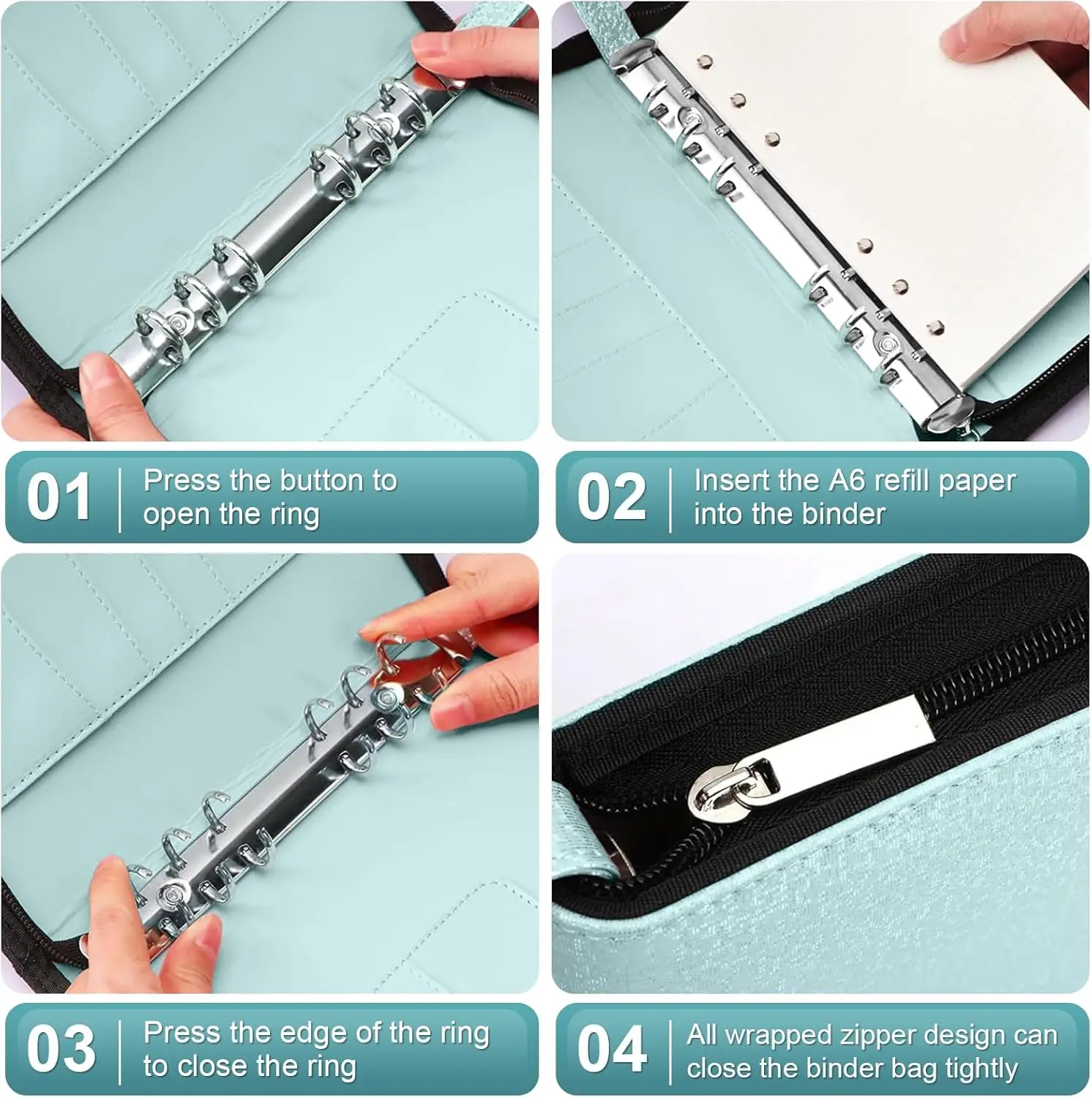 حافظة ميزانية A6 مع سحاب، غطاء مخطط قابل لإعادة الملء مكون من 6 حلقات لنظام الميزانية النقدية مقاس A6، منظم شخصي من جلد البولي يوريثان #3