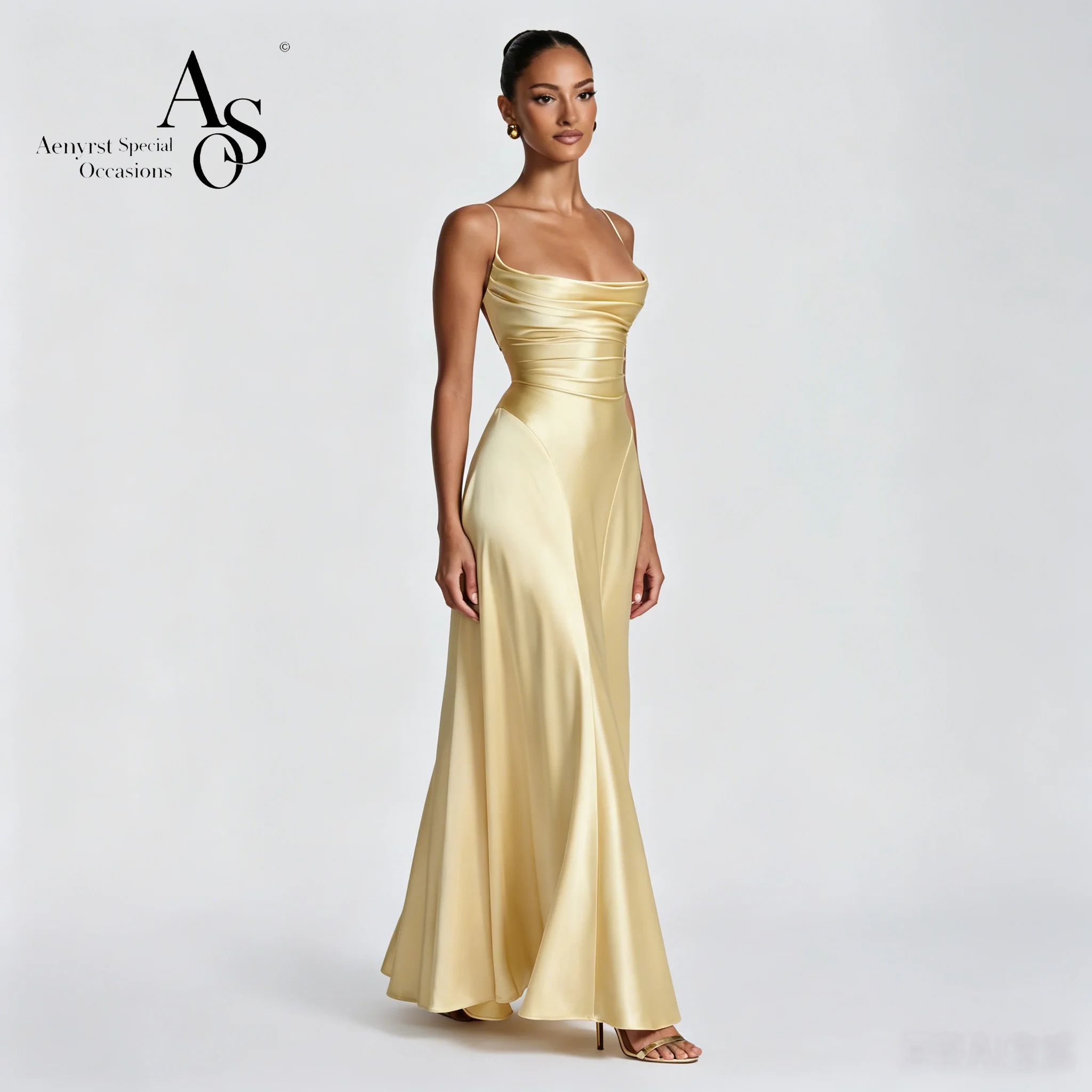 Elegant custom-made yellow strapless sleeveless floor-length formal prom gown featuring a lace-up back design