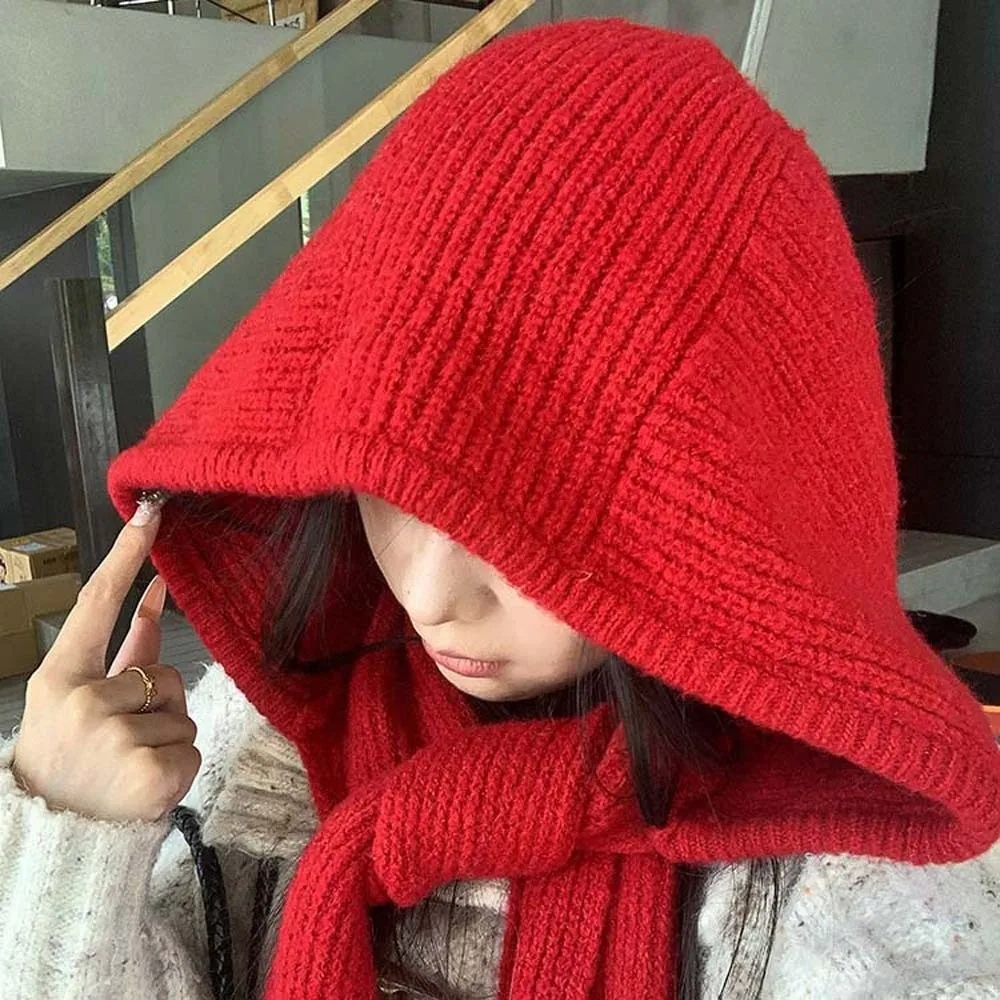 Acrylic Fibers Knitted Hooded Cap Soft Ear Protection Neck Collar Beanies Cap Korean Style Solid Color Winter Neckerchief Hat