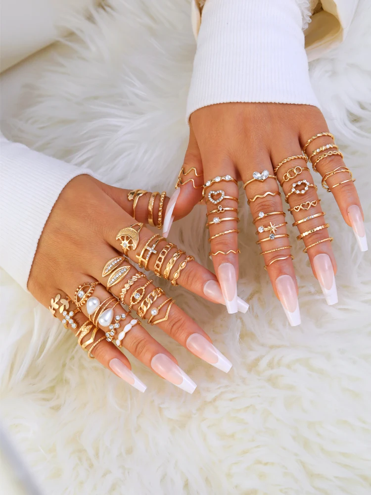 New 50 Pcs Bohemian Gold Color Ring Set For Women Vintage Minimalist Geometric Pearl Love Finger Rings 2024 Trendy Jewelry Gifts