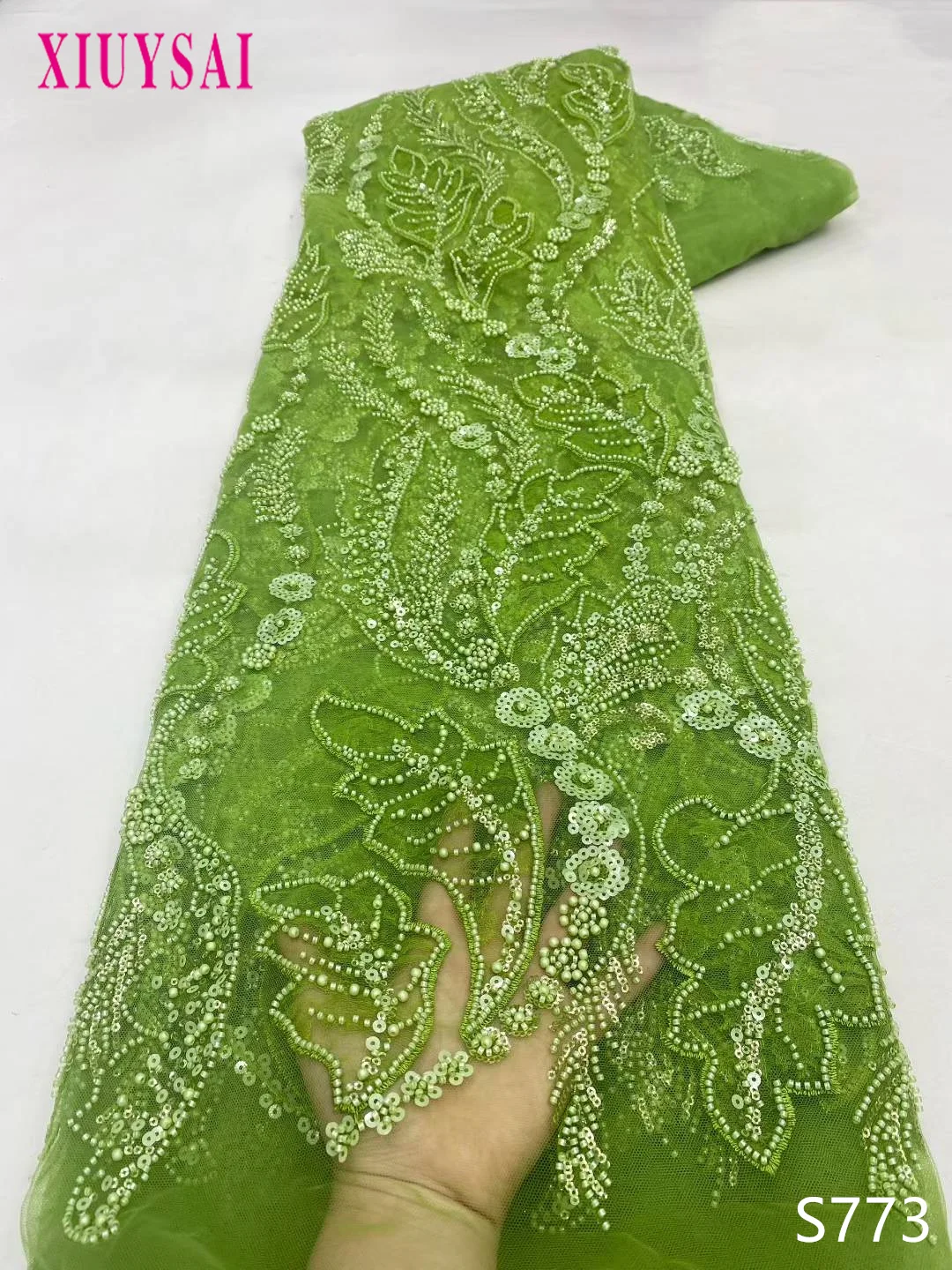 

2025 французская элитная роскошная элегантная зеленая кружевная ткань ручной работы с бисером, нигерийская сетчатая кружевная ткань с блестками для свадебного платья