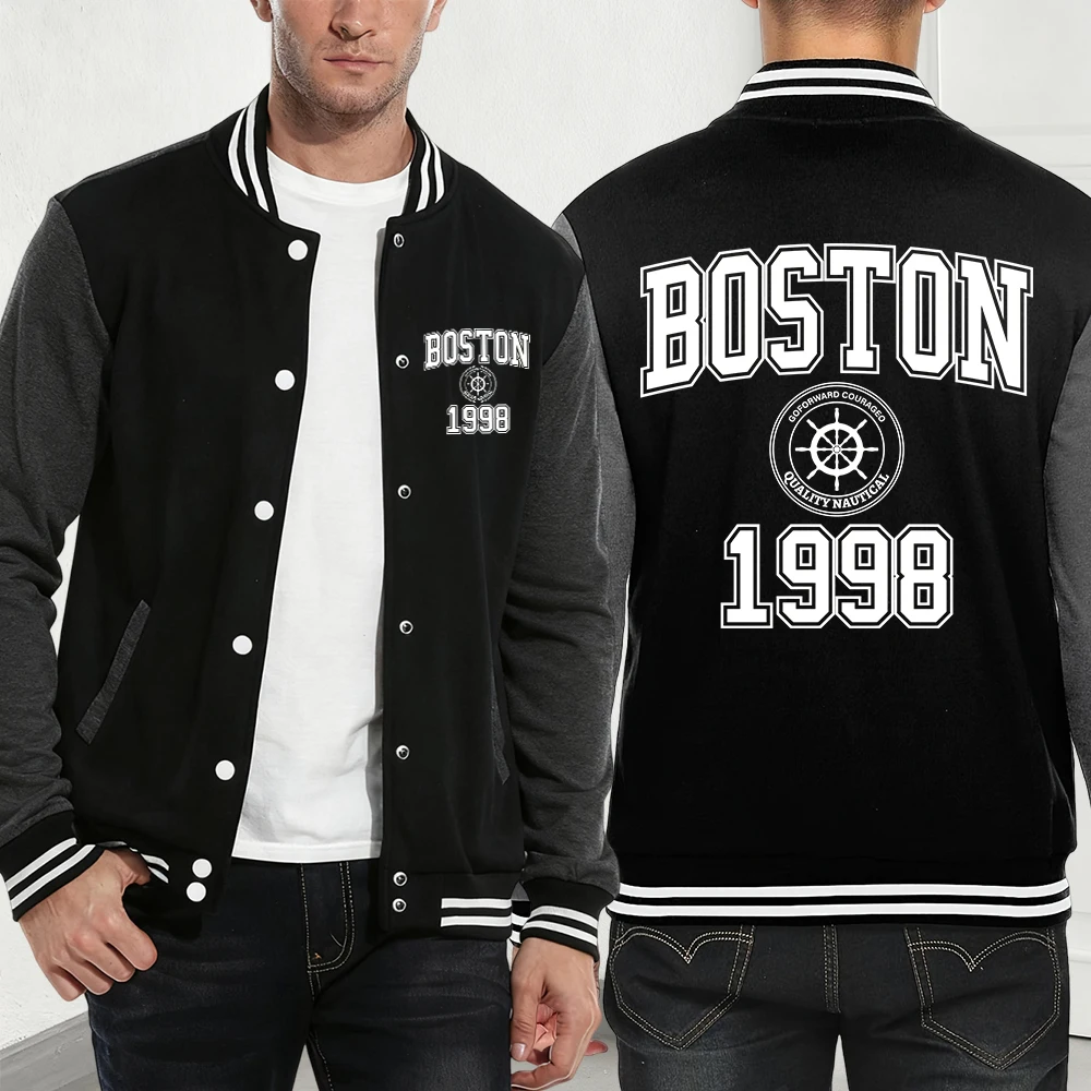 

Boston City 1998 Art Letter Printed Baseball Jersey Mens Autumn Pocket Coats Fleece Warm Loose Jackets Casual Sporty Clothes