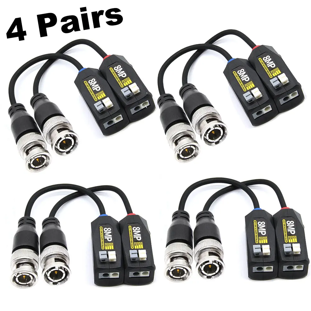 Balun HD Cat5 RJ45 to BNC Video Baluns transceiver Passive with Power Connector for 5MP 8MP HD-CVI/TVI/AHD Camera(４Pairs)