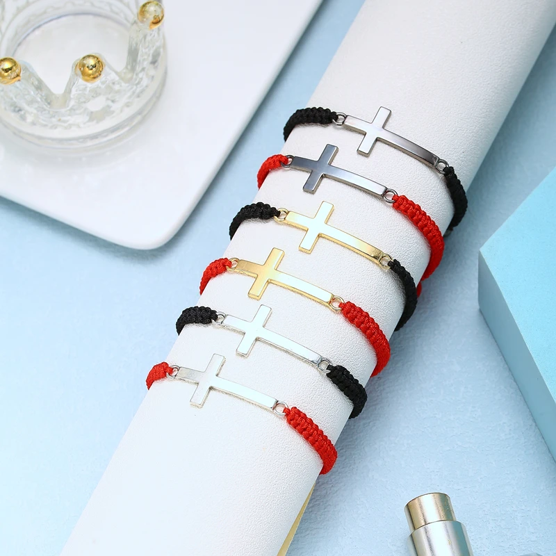 Bracelete de aço inoxidável trançado cruzado para homens e mulheres, pulseira de pulso ajustável, lembrança cristã, vermelho e preto, casal simples, hip hop
