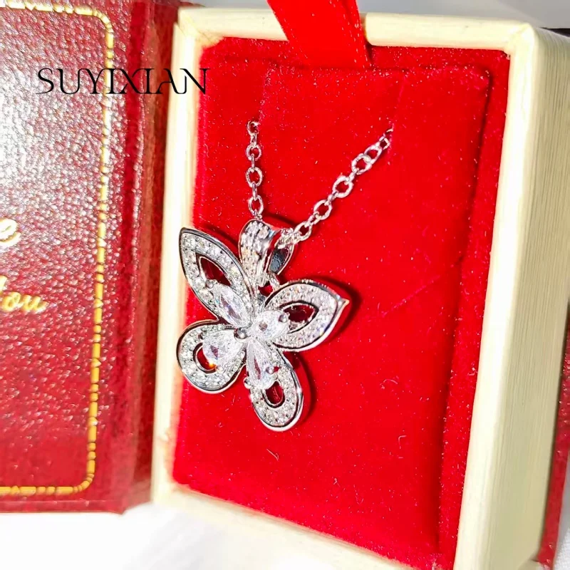 925 Sterling Silver Fashion Light Luxury Butterfly Zircon Pendant Necklace Birthday Party Anniversary Gift