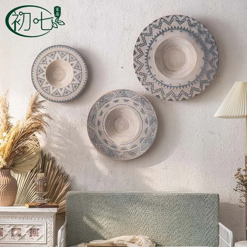 Morocco Hand Painted Wall Decoration Painting Living Room Sofa Background Wall Disc Bamboo Weaving Antique Wall Art Decor