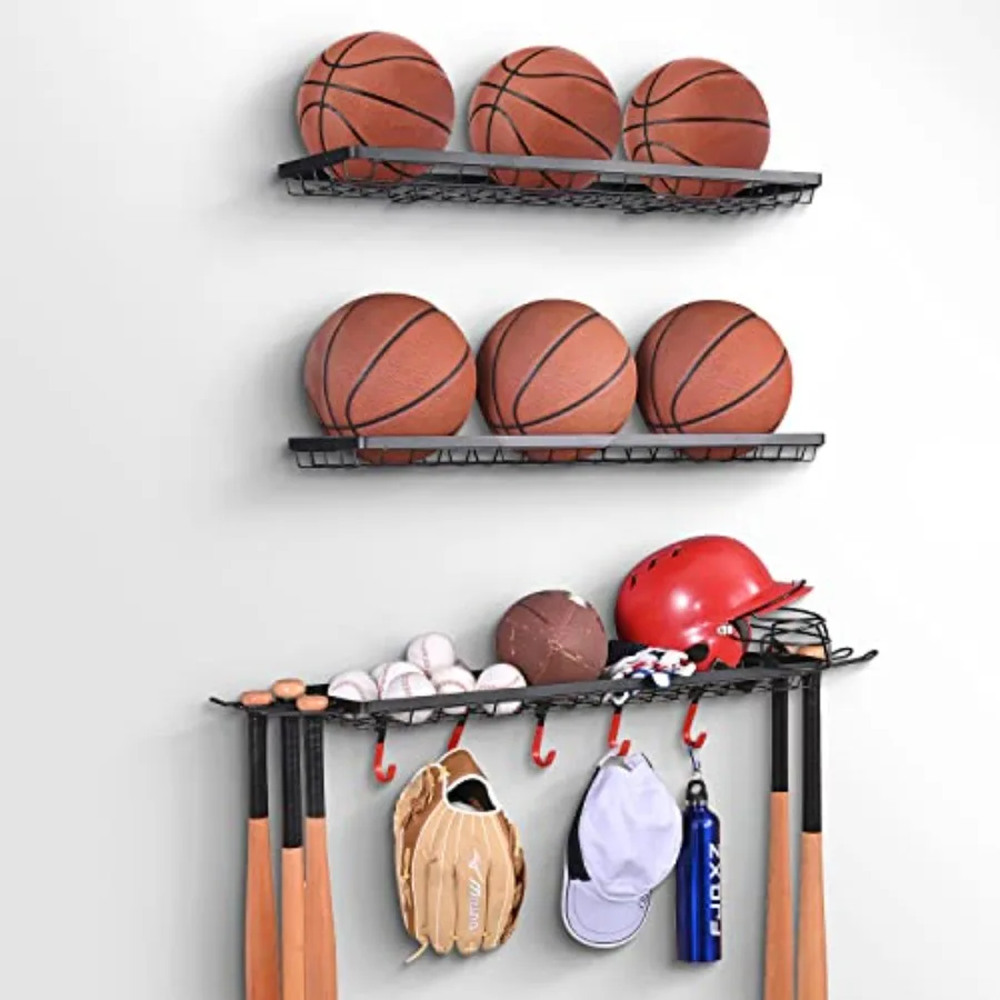 Wall Mount Sports Equipment Storage Rack for Garage with 3 Separate Ball Organizers and Hooks Ideal for Basketball Tennis Socce