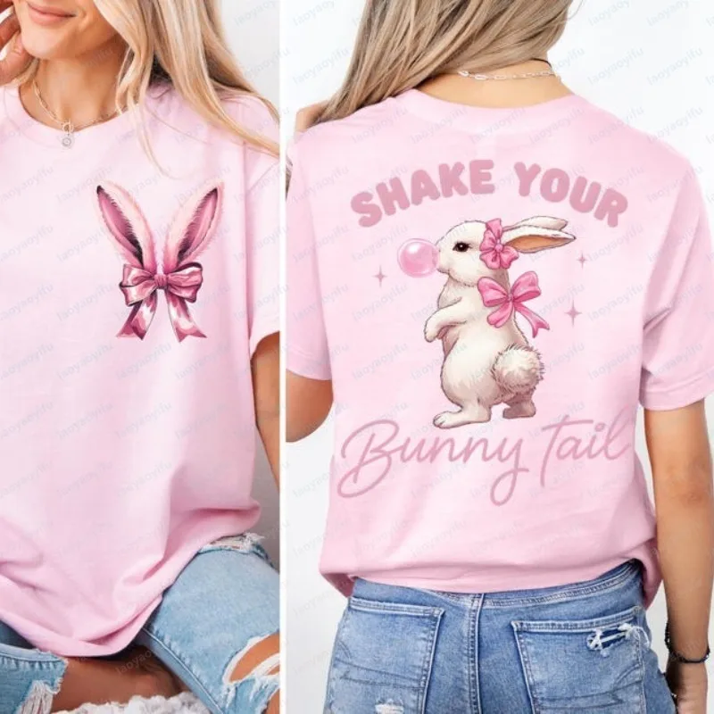 Süße Osterhasen-T-Shirts mit O-Ausschnitt und Hasenschwanz-Print für Mädchen – Frühlings-Tops für Hasenliebhaberinnen – Trendige Damenbekleidung