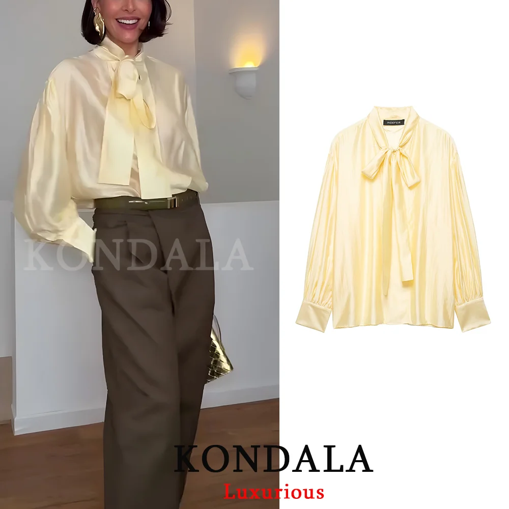 KONDALA Holiday Chic Women Satin Blouse Yellow Bow Button Long Sleeve Loose Shirts Fashion 2026 Spring Summer Office Blouses