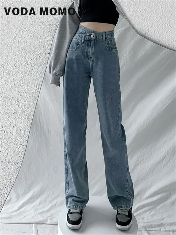 

Новинка 2023, весенняя мода, корейский повседневный стиль для поездок на работу, мешковатые уличные джинсы Y2K, женские прямые широкие брюки с высокой талией и крестиком