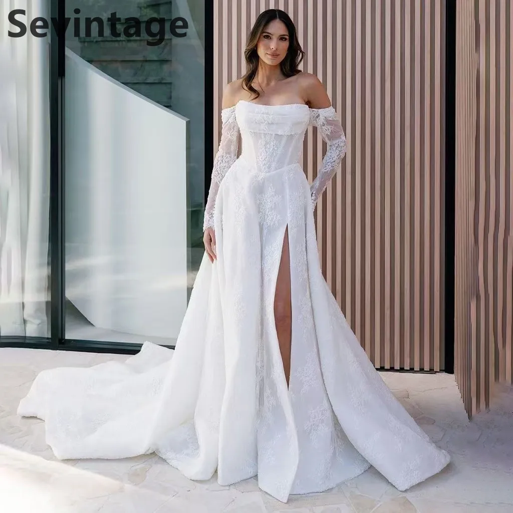 

Белое свадебное платье Sevintage 2025 с открытыми плечами и длинным шлейфом, сексуальное свадебное платье трапециевидной формы с разрезом, индивидуальное платье Robe De Mariée