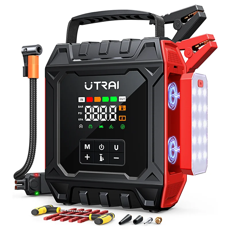 UTRAI 8000A Auto-Starthilfegerät mit Luftkompressor & Abnehmbarem Magnetischem Lichtpanel & Outdoor-Campingbeleuchtung Notfall-Booster