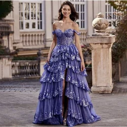 Fashion Evening Dresses Customized Layered Lace Sequins Pageant Gowns High Slit Party Dress Bustier Corset Vestido De Novia