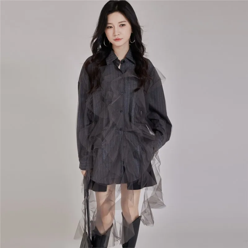 

Johnature Striped Shirt Women Autumn 2025 New Mesh Patchwork Loose Fashion Flowing Multi-layered Casual Tops