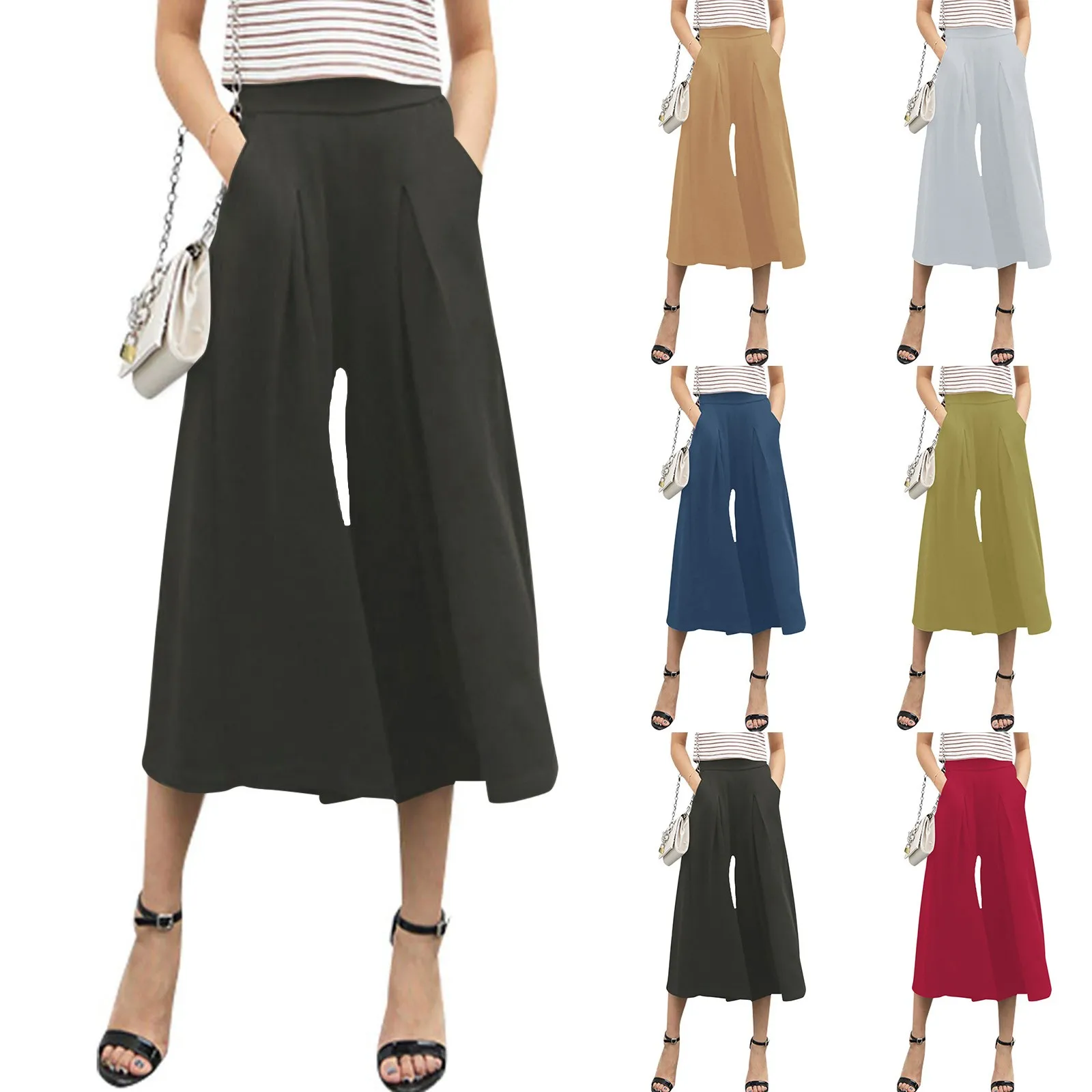 

Women Skirt Pants High Elastic Waist Loose Irregular Hem Ankle Length Solid Color Soft Breathable Female Trousers