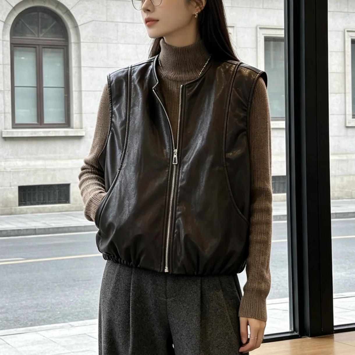 Retro Plant Protein Leather Vest Short Sleeveless Jacket Autumn Winter Outerwear round Neck Zipper Closure  Color