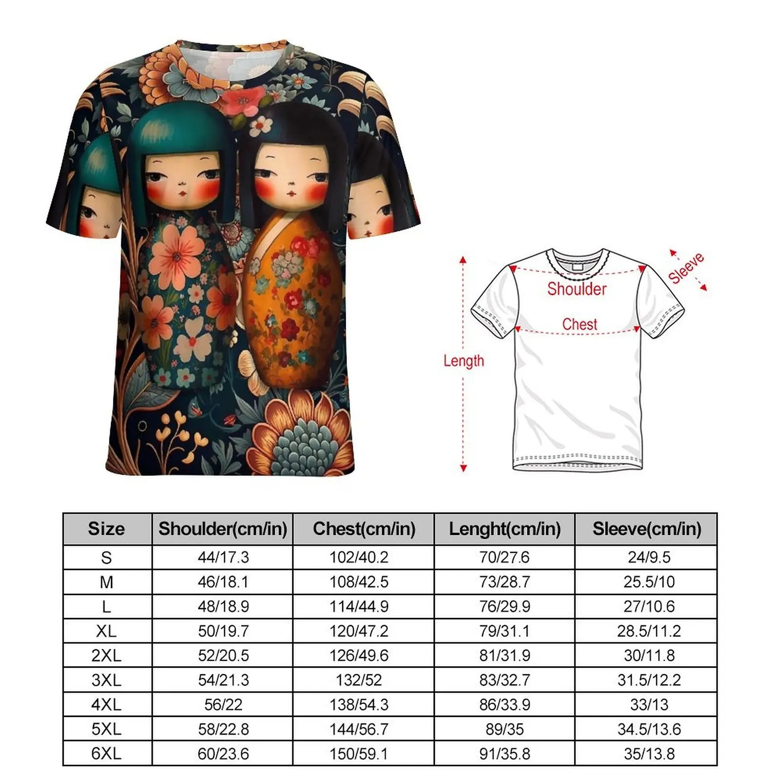 Japanese Dolls T Shirt For Men Fancy Kokeshi Dolls O Neck T Shirts Summer Retro Clothes Short Sleeve Street Style Plus Size Tees