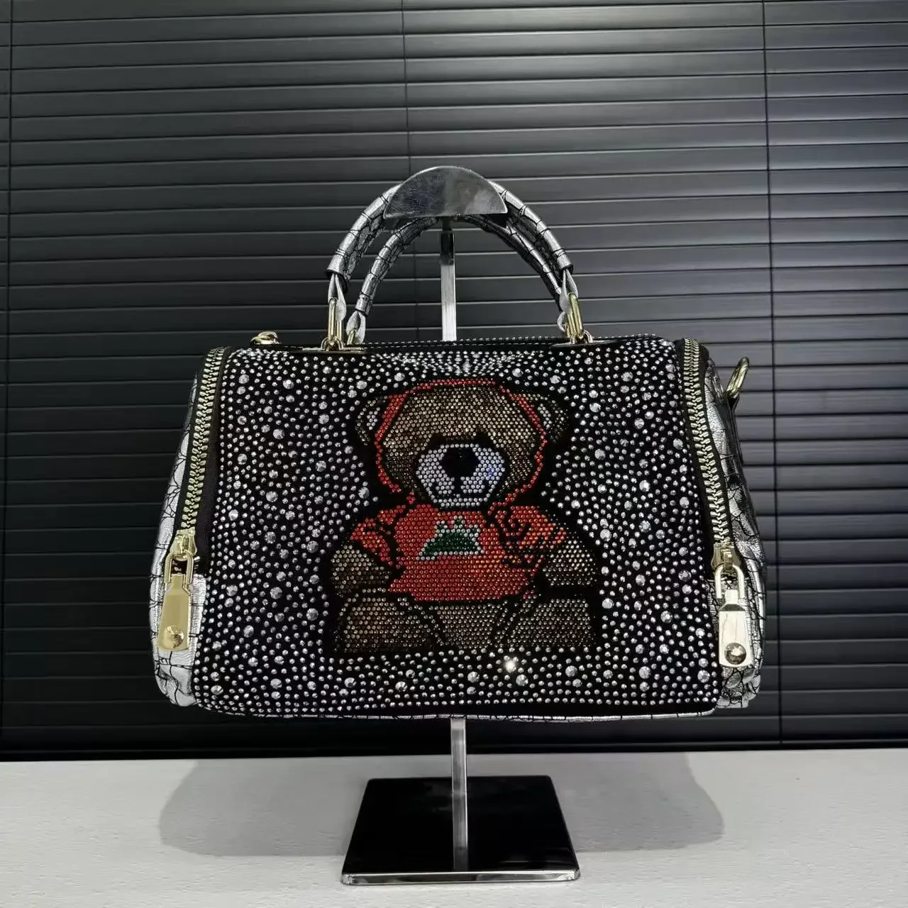 Women's Rhinestone Design Boston Bag Bear Pattern Crossbody Shoulder Handbag Ladies Casual Commute Bag Girl Large Capacity Bag