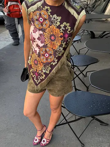 Kadınlar İçin Saçaklı, Çiçek Desenli, Vintage, Yuvarlak Yaka, Kolsuz, Asimetrik Etek Uçlu Saten Bluz, 2026 Şık Üstler