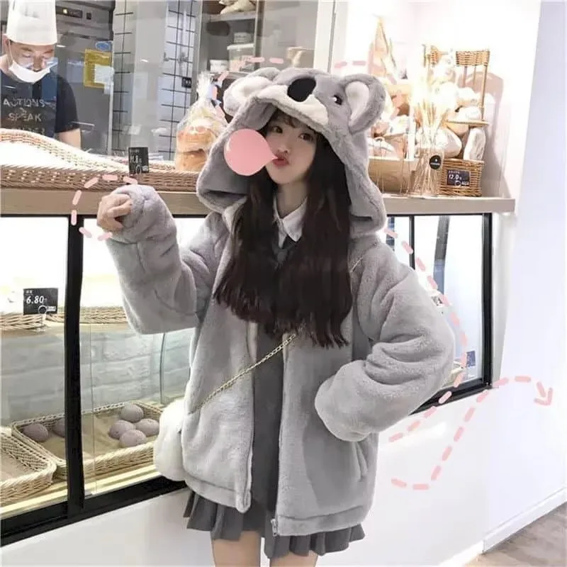 2023 Plush Jacket Female New Style Japanese Soft Girl Winter Cute Koala Ear Hooded Jacket Student Thickened Furry Jacket Girl