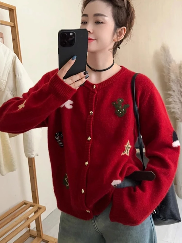 

Faionable Cisas Red Long Sve round Ne Knitted Sweater Cardigan Autumn Winter Embroidery Design Straight Cut Top Coat
