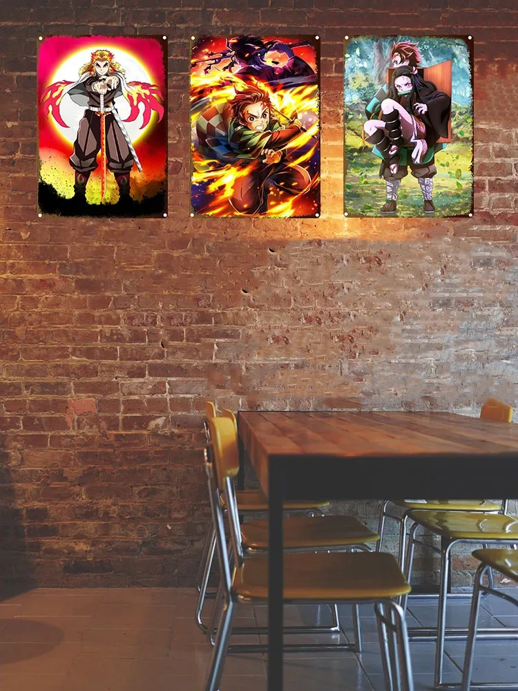 Demon Slayer Tin Sign Vintage Anime Metal Poster Colorful Wall Art Iron Plaque Retro Home Decoration for Bar Cafe Living Room