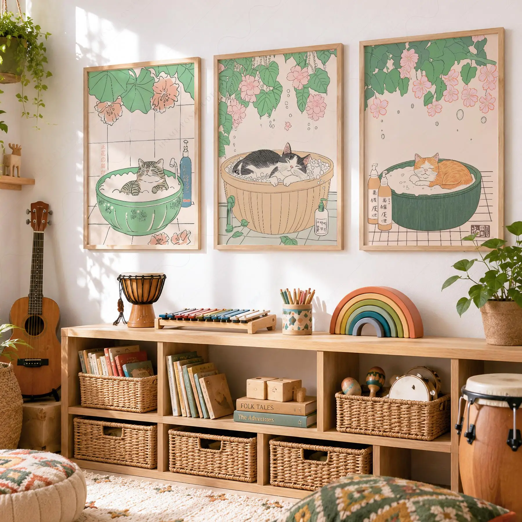 3PCS  Frameless,3Pcs Cute Bathing Cat Wall Art, Japanese Ukiyo-e Floral Lotus Kitty Bubble Tub Canvas Prints,Bathroom Home Decor